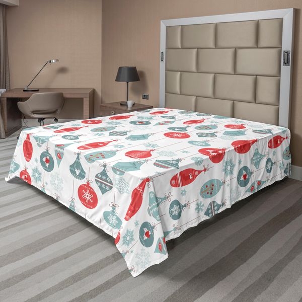 Abakuhaus Lenzuolo Natalizio, Motivo Natalizio Con Struttura Vintage, Motivo Natalizio Allegro, Motivo Artistico Con Agrifoglio, Lenzuolo Morbido E Confortevole Per Un Letto Decorativo, 1 Pezzo, 266 Cm X 260 Cm, Blu E Rosso-image