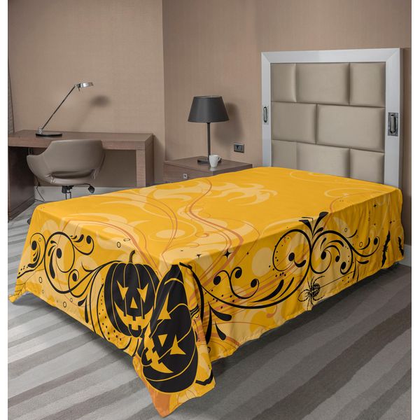 Abakuhaus Lenzuolo Di Halloween, Zucche Intagliate Con Motivi Floreali, Pipistrelli E Intrecci Horror Jack O Lantern Artwork, Morbido E Confortevole Lenzuolo Superiore Per Un Letto Decorativo 1 Pezzo 190 Cm X 100 Cm, Arancione E Nero-image