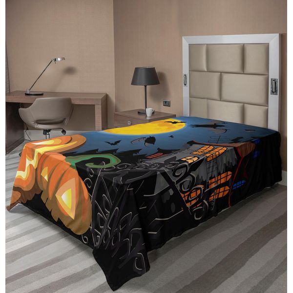 Abakuhaus Lenzuolo Di Halloween, Disegno Gotico A Tema Festa Di Halloween Con Casa Stregata, "Dolcetto O Scherzetto"" Per Bambini, Lenzuolo Morbido E Confortevole Per Un Letto Decorativo, 1 Pezzo 190 Cm X 100 Cm, Multicolore"-image
