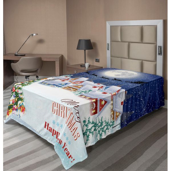 Abakuhaus Lenzuolo Natalizio, Luna Babbo Natale Renna Villaggio Invernale, Morbido E Confortevole Lenzuolo Superiore Per Un Letto Decorativo 1 Pezzo 190 Cm X 100 Cm, Bianco-image