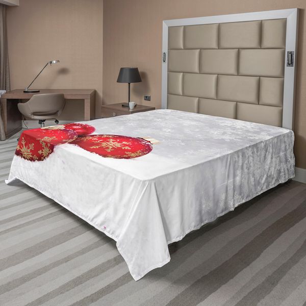 Abakuhaus Lenzuolo Natalizio, Decorazioni Natalizie Sulla Neve Con Fiocchi Di Neve, Ghiaccio, Festività, Illustrazione Grafica Umanitaria, Lenzuolo Morbido E Confortevole Per Un Letto Decorativo, 1 Pezzo, 244 Cm X 205 Cm, Bianco E Rosso.-image