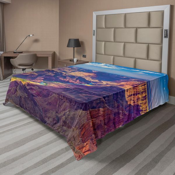 Abakuhaus Lenzuolo Con Stampa Della Gola, Veduta Aerea Dell'epico Grand Canyon Attività Del Fiume Stampa Su Altopiano Roccioso, Lenzuolo Morbido E Confortevole Per Un Letto Decorativo 1 Pezzo 244 Cm X 205 Cm, Blu Tan-image