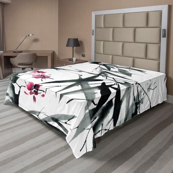 Abakuhaus Lenzuolo Giapponese, Fiori Di Ciliegio Naturali, Motivo Tribale Minimalista Giapponese, Lenzuolo Morbido E Confortevole Per Un Letto Decorativo 1 Pezzo 275 Cm X 260 Cm, Verde Scuro E Viola-image