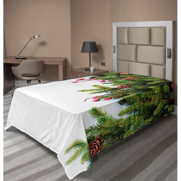 Abakuhaus Lenzuolo Natalizio, Rami Di Abete Sempreverde Con Pigne E Agrifoglio, Design Natalizio, Lenzuolo Morbido E Confortevole Per Un Letto Decorativo, 1 Pezzo, 190 Cm X 100 Cm, Verde Marrone-image