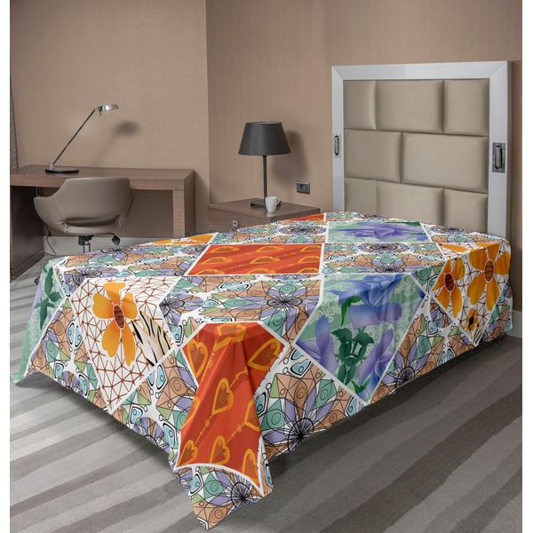 Abakuhaus Lenzuolo Da Letto, Patchwork Con Cuori E Motivi Floreali Vorticosi Con Dettagli Folcloristici Femminili, Lenzuolo Superiore Morbido E Confortevole Per Un Letto Decorativo 1 Pezzo 260 Cm X 168 Cm, Multicolore-image