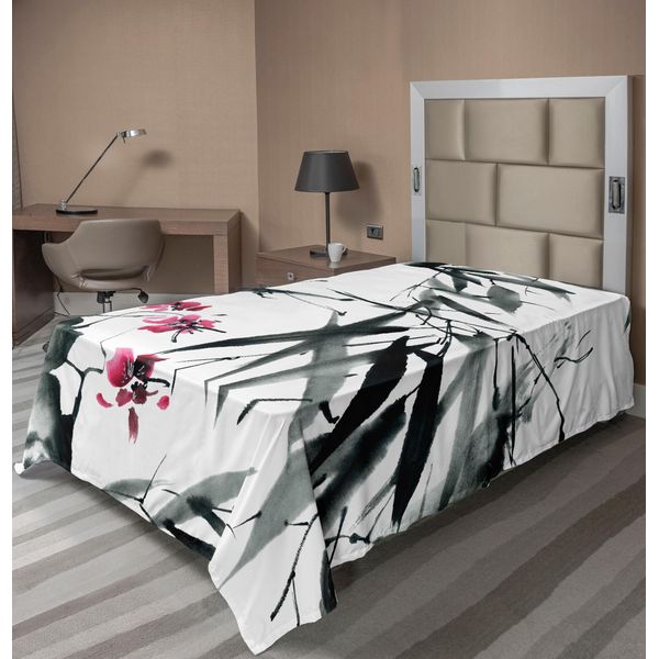 Abakuhaus Lenzuolo Giapponese, Fiori Di Ciliegio Naturali, Motivo Tribale Giapponese Minimalista, Lenzuolo Morbido E Confortevole Per Un Letto Decorativo 1 Pezzo 190 Cm X 100 Cm, Verde Scuro E Viola-image