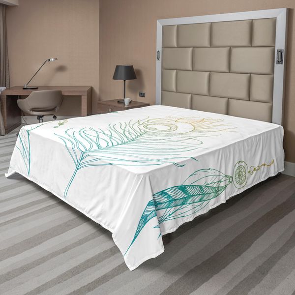 Abakuhaus Lenzuolo Peacock, Elegante Stampa Tradizionale Con Piume Delle Prime Nazioni E Coda Di Pavone, Morbido E Confortevole Lenzuolo Superiore Per Un Letto Decorativo 1 Pezzo 266 Cm X 260 Cm, Verde Menta Giallo-image