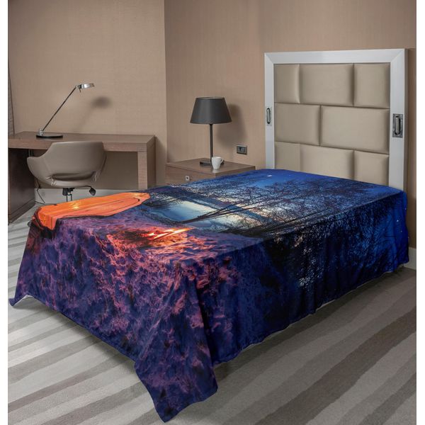 Abakuhaus Lenzuolo Wald, Foto Di Una Tenda Da Campeggio Notturna In Inverno Su Terreni Coperti Di Neve Attraverso Il Lago, Morbido E Confortevole Lenzuolo Superiore Per Un Letto Decorativo 1 Pezzo 190 Cm X 100 Cm, Arancione Blu-image