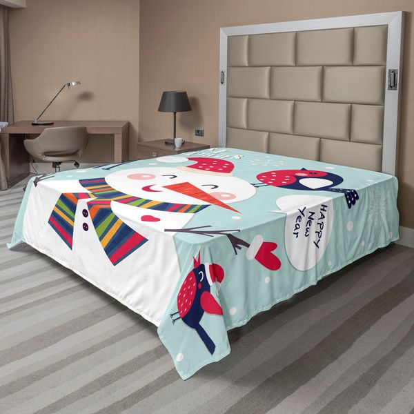 Abakuhaus Lenzuolo Natalizio, Simpatica Illustrazione Natalizia Con Uccellino E Pupazzo Di Neve Che Festeggiano L'inverno, Morbido E Confortevole Lenzuolo Superiore Per Un Letto Decorativo 1 Pezzo 260 Cm X 228 Cm, Blu E Bianco-image