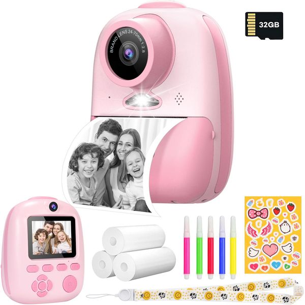 Bambini Fotocamera Digitale Stampa Fotocamera Istantanea 26MP Videocamera Fotocamera Con Scheda Di Memoria Da 32GB, 3 Rotoli Di Carta Di Stampa, 5 Colori Pennello Penna Regalo Per I Bambini, Rosa-image