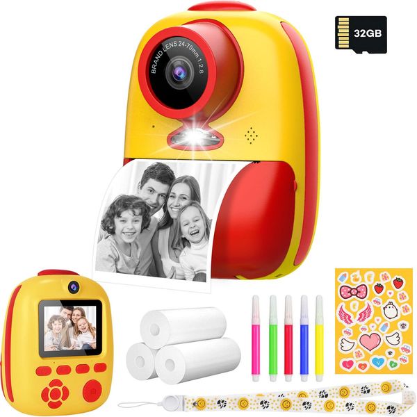 Bambini Fotocamera Digitale Stampa Fotocamera Istantanea 26MP Videocamera Fotocamera Con Scheda Di Memoria 32GB, 3 Rotoli Di Carta Di Stampa, 5 Colori Pennello Regalo Per I Bambini, Giallo-image