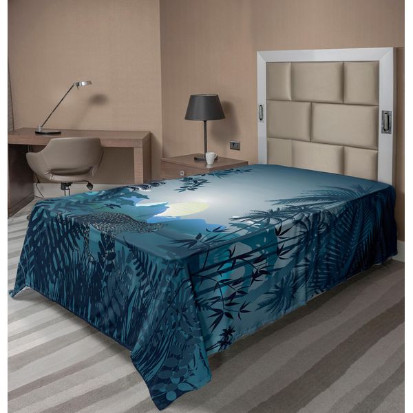 Abakuhaus Lenzuolo Urwald, Notte Nella Giungla Della Foresta Pluviale Con Tigre Selvatica, Luna, Palme, Arbusti E Grafica Nebbiosa, Lenzuolo Superiore Morbido E Confortevole Per Un Letto Decorativo 1 Pezzo 190 Cm X 100 Cm, Verde Acqua-image