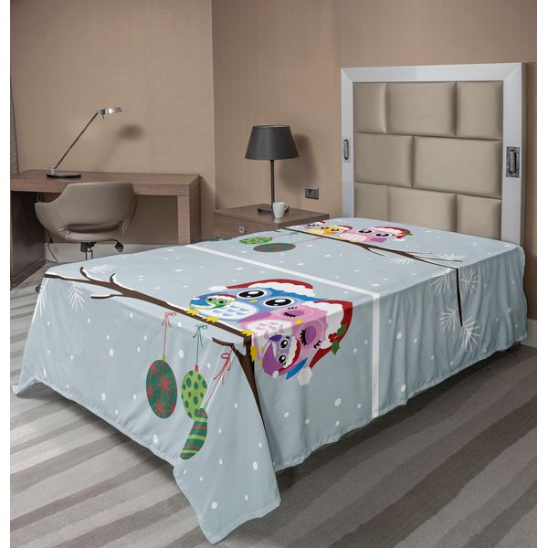 Abakuhaus Lenzuolo Natalizio, Famiglia Di Gufi Su Un Ramo Di Albero - Holly Jolly Season New Year Winter Night, Morbido E Confortevole Lenzuolo Superiore Per Un Letto Decorativo 1 Pezzo 190 Cm X 100 Cm, Multicolore-image