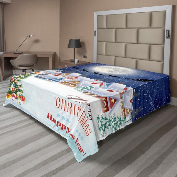 Abakuhaus Lenzuolo Natalizio, Luna Babbo Natale Renna Villaggio Invernale, Morbido E Confortevole Lenzuolo Superiore Per Un Letto Decorativo 1 Pezzo 244 Cm X 205 Cm, Bianco-image
