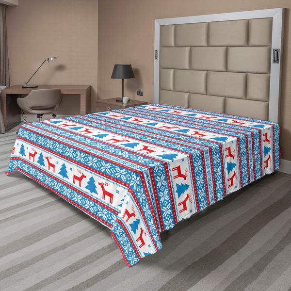 Abakuhaus Lenzuolo Natalizio, Disegno Tradizionale Folcloristico In Maglia, Tema Festivo, Morbido E Confortevole Lenzuolo Superiore Per Un Letto Decorativo, 1 Pezzo 266 Cm X 260 Cm, Blu Rosso-image