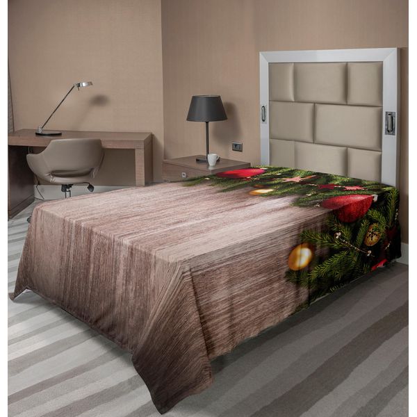 Abakuhaus Lenzuolo Natalizio, Decorazioni Natalizie Su Sfondo Rustico In Legno Con Stampa A Stelle, Morbido E Confortevole Lenzuolo Superiore Per Un Letto Decorativo 1 Pezzo 190 Cm X 100 Cm, Marrone Verde Rosso-image
