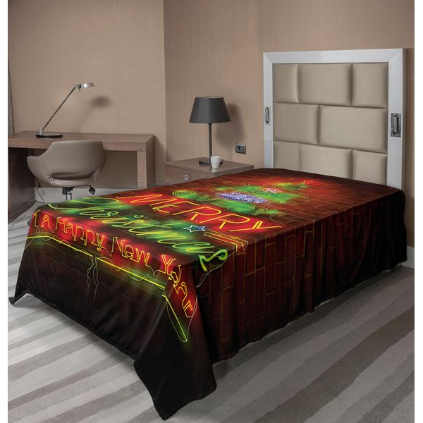 Abakuhaus Lenzuolo Natalizio, Insegna Luminosa Buon Natale E Felice Anno Nuovo Frase Stampata Sulla Parete, Morbido E Confortevole Lenzuolo Superiore Per Un Letto Decorativo 1 Pezzo 260 Cm X 168 Cm, Verde Bordeaux-image