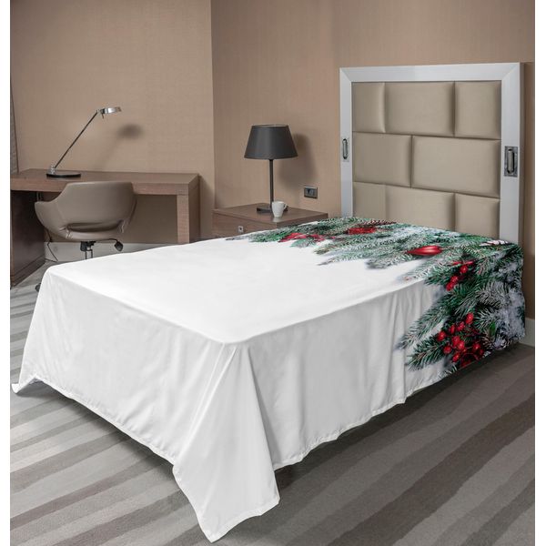Abakuhaus Lenzuolo Natalizio, Ramo Natalizio Innevato Con Palline Trasparenti, Pigne E Rami Di Vischio, Morbido E Confortevole Lenzuolo Superiore Per Un Letto Decorativo, 1 Pezzo, 260 Cm X 168 Cm, Verde E Rosso.-image