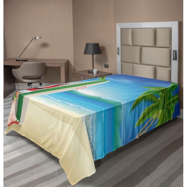 Abakuhaus Lenzuolo Natalizio, Babbo Natale Con Pantaloncini Sulla Spiaggia E Tavola Da Surf Tema Natalizio Solare E Vivace, Lenzuolo Morbido E Confortevole Per Un Letto Decorativo 1 Pezzo 260 Cm X 168 Cm, Blu Verde-image