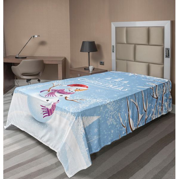 Abakuhaus Lenzuolo Natalizio, Simpatico Pupazzo Di Neve In Una Giornata Invernale Con Cappello Natalizio Decorazioni Natalizie, Morbido E Confortevole Lenzuolo Superiore Per Un Letto Decorativo 1 Pezzo 260 Cm X 168 Cm, Bianco Blu-image
