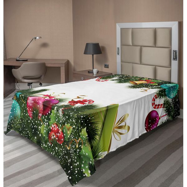 Abakuhaus Lenzuolo Natalizio, Auguri Di Buon Anno Con Ghirlanda Di Agrifoglio Design Artistico, Morbido E Confortevole Lenzuolo Superiore Per Un Letto Decorativo 1 Pezzo 260 Cm X 168 Cm, Marrone Castagna Verde-image