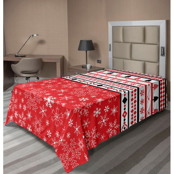 Abakuhaus Lenzuolo Natalizio, Classico Motivo Nostalgico Natalizio Con Forme Geometriche E Grafica A Fiocchi Di Neve, Lenzuolo Superiore Morbido E Confortevole Per Un Letto Decorativo 1 Pezzo 190 Cm X 100 Cm, Bianco Rosso-image