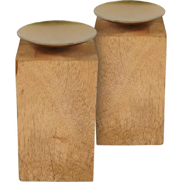 1.10 Portacandele In Legno - Set Di 2 - Con Disco Portacandele Dorato - Circa 14,5 X 7,5 Cm-image