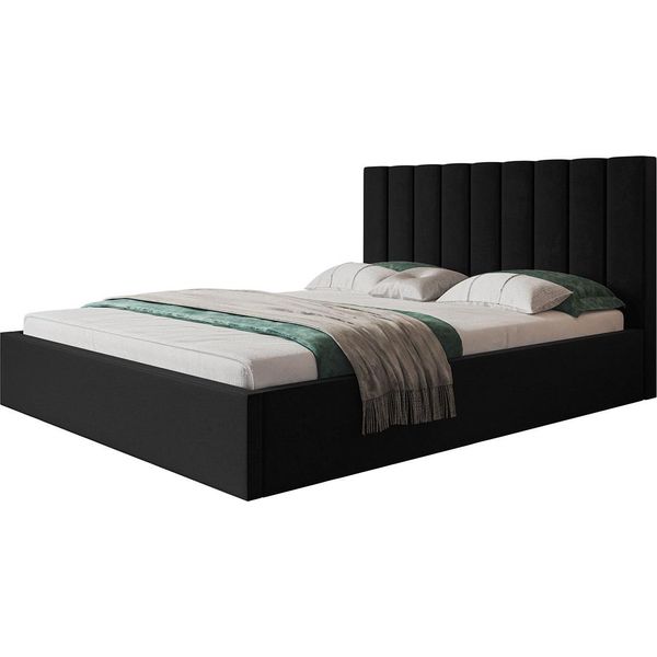 Elegante Letto Matrimoniale Sapporo Slim 160X200 Con Rete E Doghe In Metallo - Letto Imbottito Colore: Nero, Tessuto Velour-image