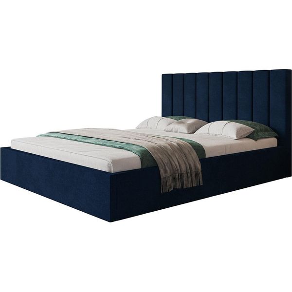 Elegante Letto Matrimoniale Sapporo Slim 140X200 Con Rete E Doghe In Metallo - Letto Imbottito Colore: Blu, Tessuto Velour-image