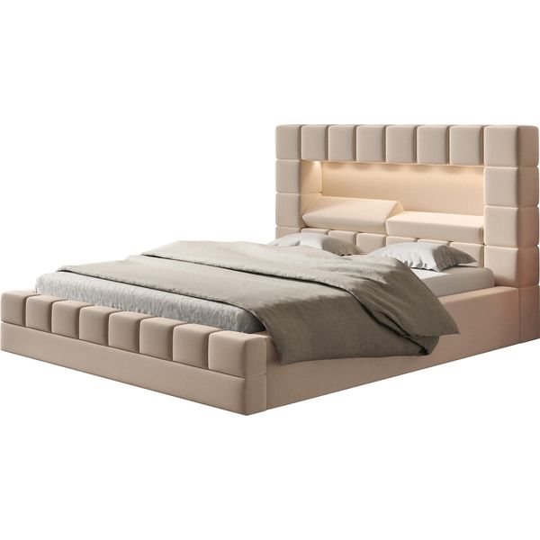 Letto Imbottito Hilton 160 X 200 Cm Con Illuminazione A Led, Letto Matrimoniale Incl. Rete E Doghe, Colore Beige-image