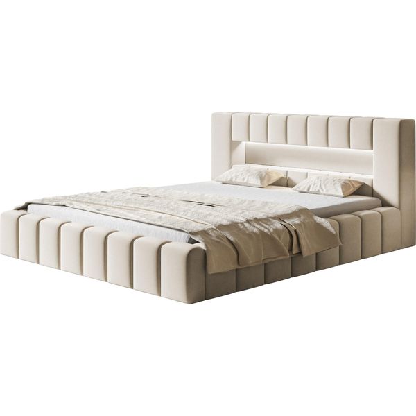 Letto Imbottito Amber Con Illuminazione Led Letto Matrimoniale 140 X 200 Cm Con Rete A Doghe E Giroletto, Colore: Beige-image