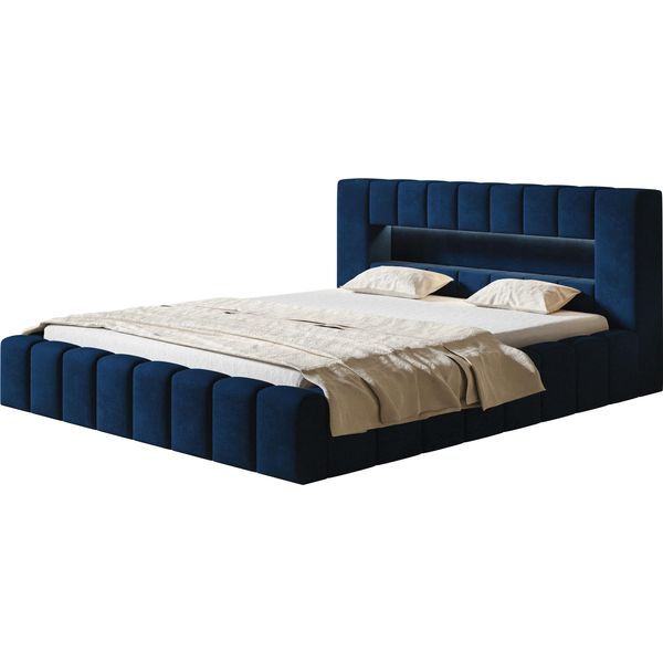 Letto Imbottito Amber Con Illuminazione A Led Letto Matrimoniale 140 X 200 Cm Con Rete A Doghe E Giroletto, Colore: Blu-image
