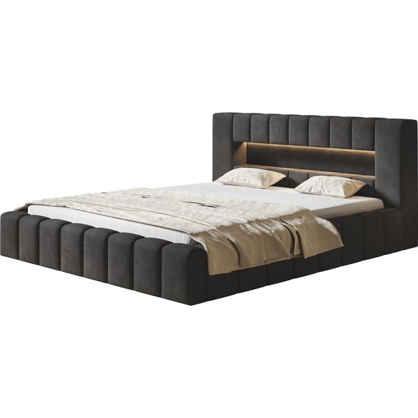 Letto Imbottito Amber Con Illuminazione A Led Letto Matrimoniale 140 X 200 Cm Con Rete A Doghe E Giroletto, Colore: Blu Scuro-image