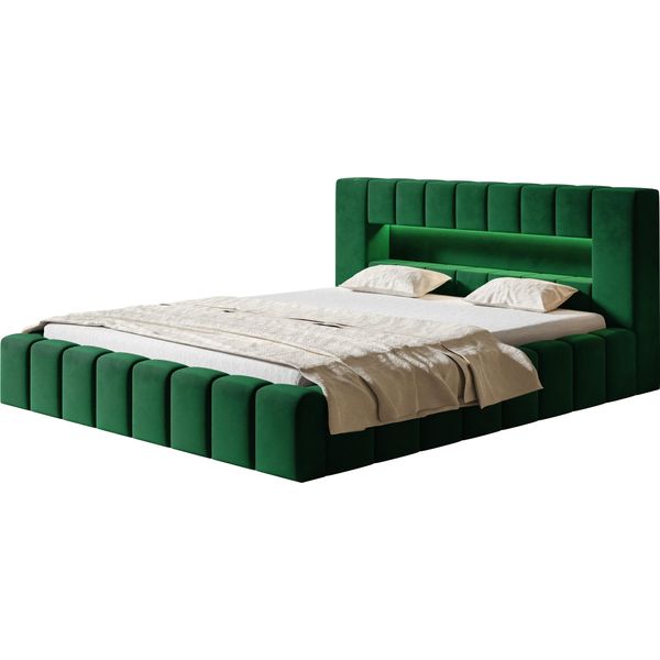 Letto Imbottito Amber Con Illuminazione A Led Letto Matrimoniale 160 X 200 Cm Con Rete A Doghe E Giroletto, Colore: Verde-image