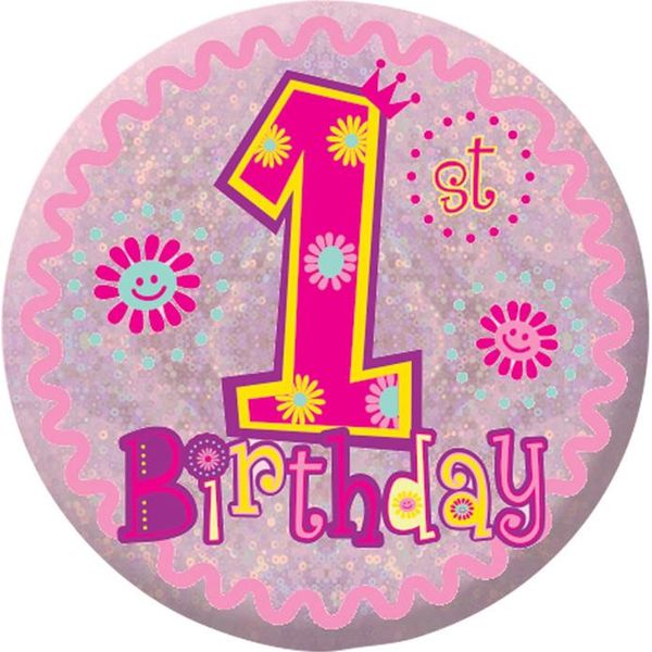 Amscan - Bottone Olografico Per Festa Di 1° Compleanno - Metallo SG24818 (Taglia Unica) (Rosa)-image