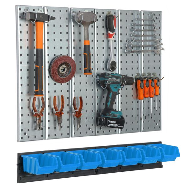 Sistema Di Stoccaggio A Parete In Metallo Con Portautensili Scatole Impilabili Blu Garage-image