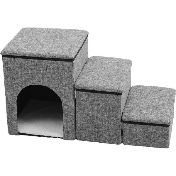 Scala Per Animali Domestici, Scala Pieghevole Per Cani, Comoda E Resistente, Scala Di Design 3 In 1 Con Spazio Di Archiviazione E Casetta Per Animali Domestici, Scala Per Animali Domestici A 3 Gradini, Rampa Antiscivolo Per Cani, Grigio-image