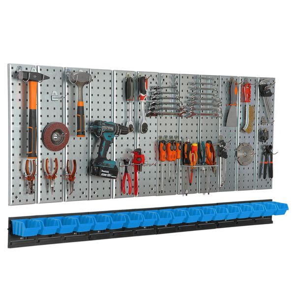 Parete Degli Attrezzi 156X72Cm Sistema Di Stoccaggio In Metallo Con Portautensili Ganci Per Attrezzi 18 Scatole Impilabili Blu Bacheca Officina Garage Bacheca Utensili Elettrici Bacheca-image