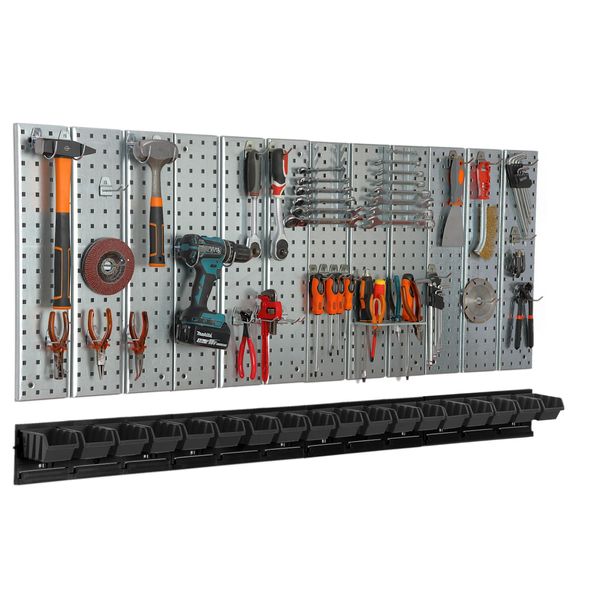 Parete Portautensili 156X72Cm Sistema Di Stoccaggio In Metallo Con Portautensili Ganci Portautensili E 18 Scatole Impilabili Nero Garage Pegboard Officina Pegboard Utensili Elettrici Pegboard-image