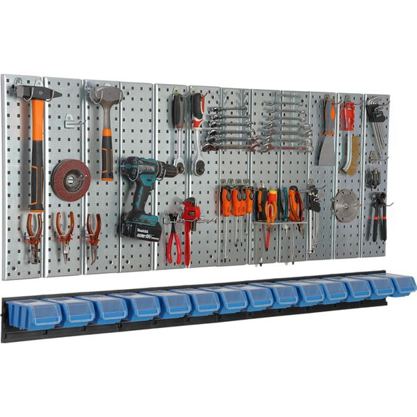 Parete Attrezzi 156X72 Cm Sistema Di Stoccaggio In Metallo Con Portautensili Ganci Per Attrezzi E 14 Scatole Di Impilamento 100 X 150 X 70 Mm Colore: Blu Cartone Forato Officina Garage Pioliera Utensili Elettrici Parete Forata-image