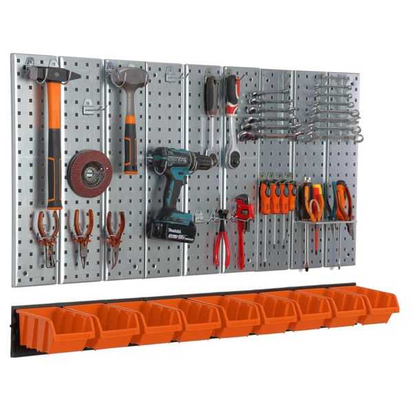Parete Degli Attrezzi 117X72Cm Sistema Di Stoccaggio In Metallo Porta Attrezzi Ganci Per Attrezzi E 9 Scatole Impilabili Arancione Garage Pegboard Utensili Elettrici Parete Forata-image
