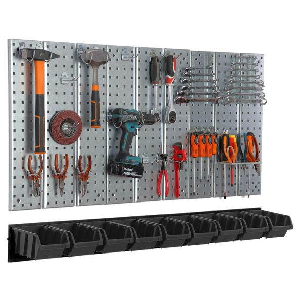Parete Degli Attrezzi 117X72Cm Sistema Di Stoccaggio In Metallo Con Portautensili Ganci Per Utensili 9 Scatole Impilabili Nero Officina Garage Bacheca Utensili Elettrici Parete Forata-image