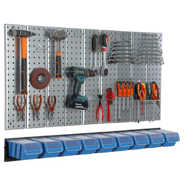 Parete Degli Attrezzi 117X72Cm Sistema Di Stoccaggio In Metallo Portautensili Ganci Per Attrezzi 9 Scatole Impilabili Blu Bacheca Garage Bacheca Attrezzi Elettrici Bacheca-image