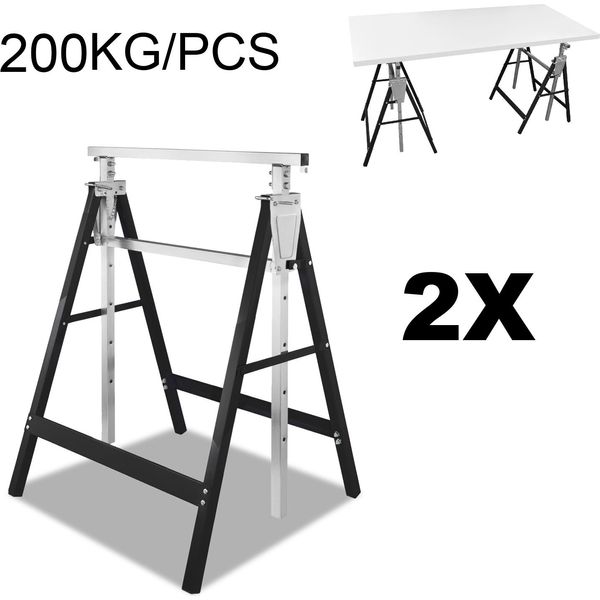 Tolletour 2× Cavalletto Da Ponteggio, Cavalletto Pieghevole In Metallo, Regolabile In Altezza In 7 Posizioni 80-130 Cm, Ponteggio, Ponteggio Da Lavoro In Acciaio, Fino A 200 Kg, Nero-image