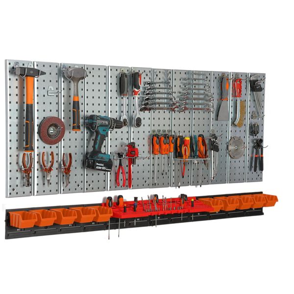 Parete Attrezzi 156X72 Cm Sistema Di Stoccaggio In Metallo Con Portautensili Ganci Per Attrezzi E 10 Scatole Di Impilamento 80 X 115 X 60 Mm Colore: Arancione Cartone Forato Officina Garage Pioliera Utensili Elettrici Parete Forata-image