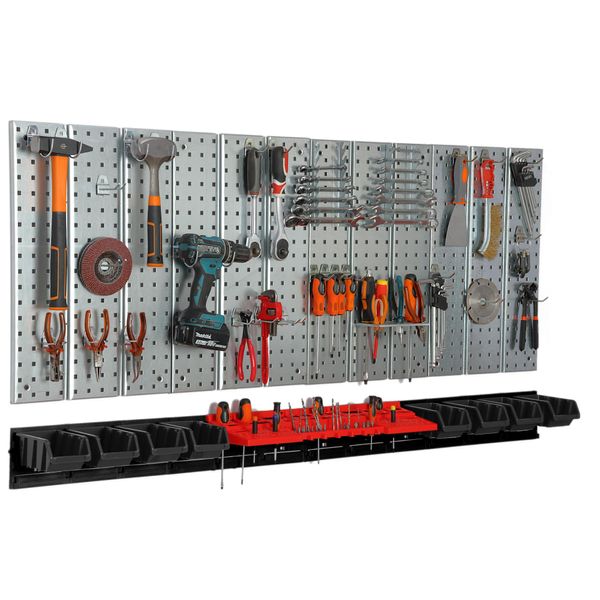 Parete Attrezzi 156X72 Cm Sistema Di Stoccaggio In Metallo Con Portautensili Ganci Per Attrezzi E 8 Scatole Di Impilamento 100 X 150 X 70 Mm Colore: Nero Pannello Forato Officina Garage Pioliera Utensili Elettrici Parete Forata-image