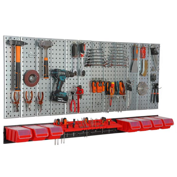 Parete Portautensili 156X72 Cm Sistema Di Stoccaggio In Metallo Con Portautensili Ganci Portautensili E 7 Scatole Di Impilamento 120 X 200 X 90 Mm Colore: Rosso Pannello Forato Officina Garage Pioliera Utensili Elettrici Parete Forata-image