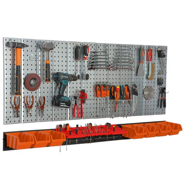 Parete Portautensili 156X72 Cm Sistema Di Stoccaggio In Metallo Con Portautensili Ganci Portautensili E 7 Scatole Impilabili 120 X 195 X 90 Mm Colore: Arancione Cartone Forato Officina Garage Pioliera Utensili Elettrici Parete Forata-image