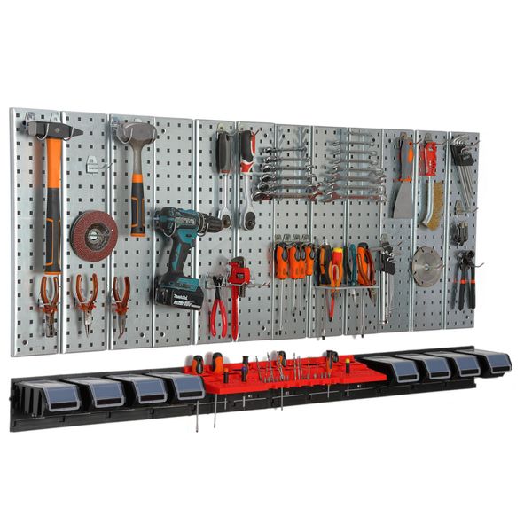 Parete Attrezzi 156X72 Cm Sistema Di Stoccaggio In Metallo Con Portautensili Ganci Per Attrezzi E 8 Scatole Di Impilamento 100 X 150 X 70 Mm Colore: Nero Pannello Forato Officina Garage Pioliera Utensili Elettrici Parete Forata-image
