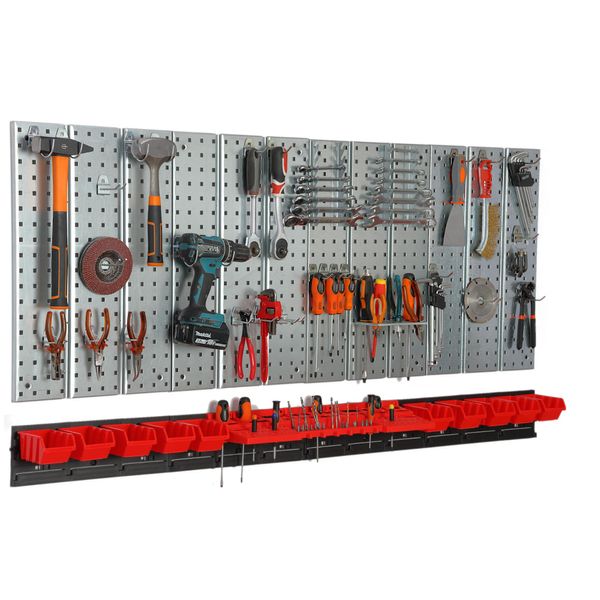 Parete Portautensili 156X72 Cm Sistema Di Stoccaggio In Metallo Con Portautensili Ganci Portautensili E 10 Scatole Di Impilamento 80 X 115 X 60 Mm Colore: Rosso Pannello Forato Officina Garage Pioliera Utensili Elettrici Parete Forata-image